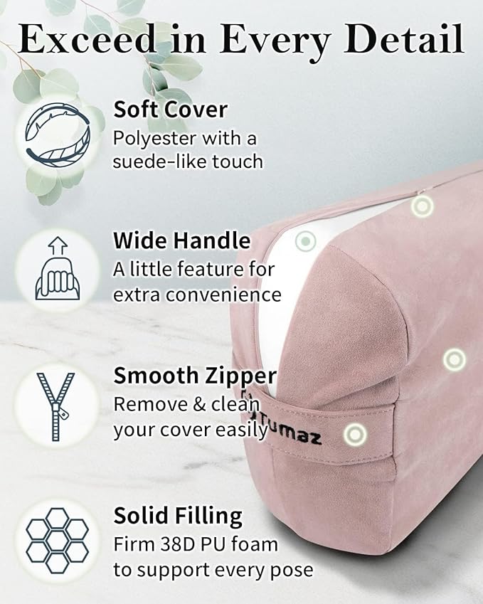 Tumaz Yoga Bolster Set - Rectangular Bolster Pillow for Restorative Yoga, Soft Meditation Pillow with Carry Handle and 8-Feet Strap, Machine Washable Cover