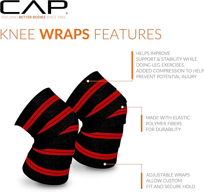 Cap Barbell Elastic Knee Wraps for Weightlifing– Pair of Adjustable Knee Wraps for Men & Women, for Powerlifting, Squats, Leg Press, and Cross Training