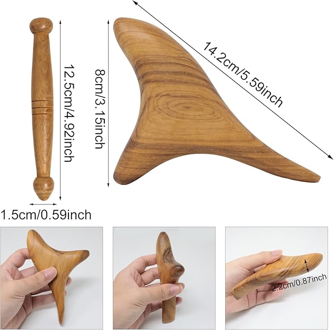 Honbay 2PCS Reflexology Tools Wood Body Massager Triangle Gua Sha Board Scraping Board Foot Massage Stick Tool Head Neck Hand Waist Calf Leg Foot Massager (Camphor Wood)