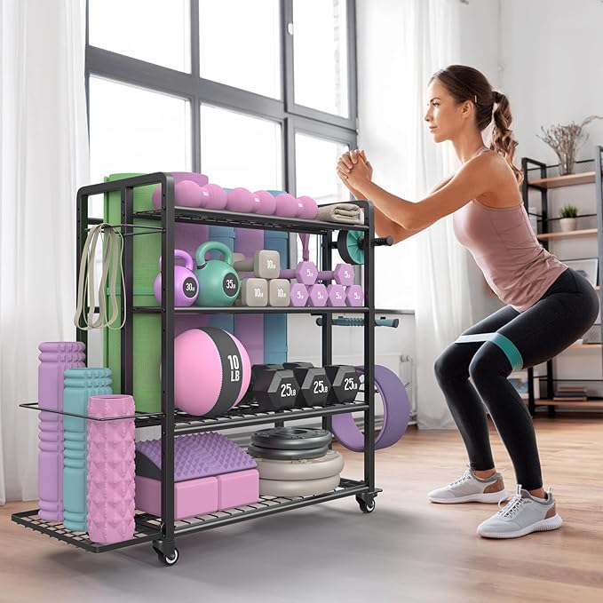 4-Tier Dumbbell Rack Stand Only, Adjustable Weight Rack for Dumbbells Kettlebells Yoga Mat, Home Gym Storage Rack with Wheels and Hooks, Powder Coated Finish