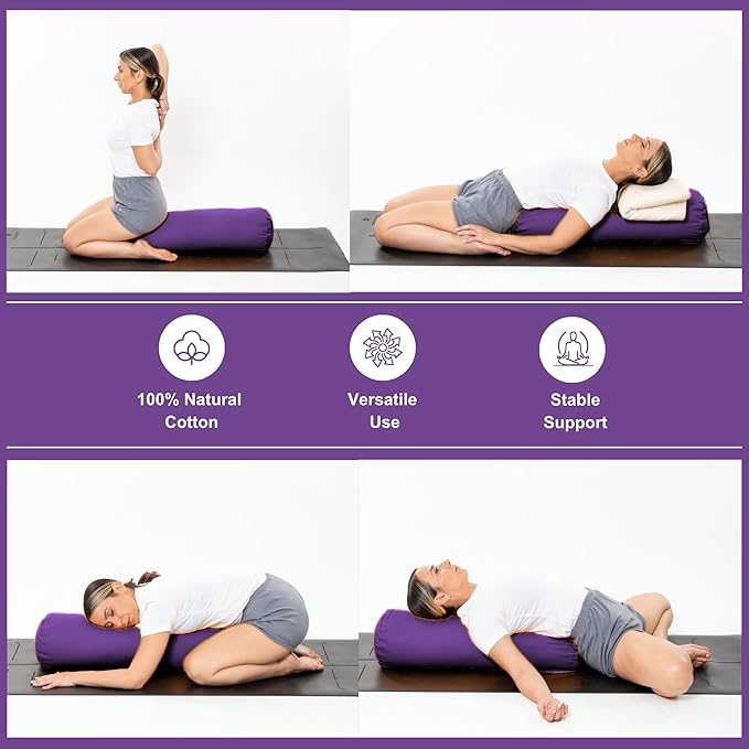 Yogikuti Iyengar Yoga Bolster for Restorative Yoga and Meditation – Lightweight Cotton Support Pillow with Handle for Easy Carry, Versatile for Pose Modification, Balance, Back Relief, and Relaxation (Purple, L 61cm x dia. 23cm)