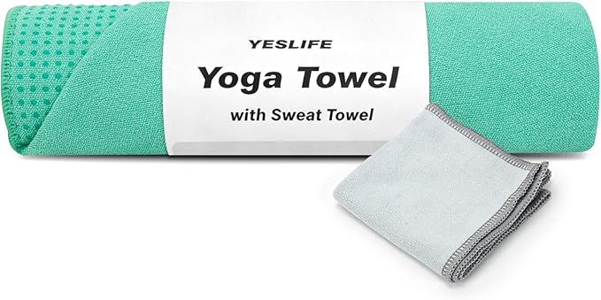 YESLIFE Non-Slip Extra Thick Hot Yoga Towel with One Sweat Towel, Microfiber Sweat Absorbent Yoga Mat Towel with Grip Dot, Pilates Mat, 72" x 24", Light Green