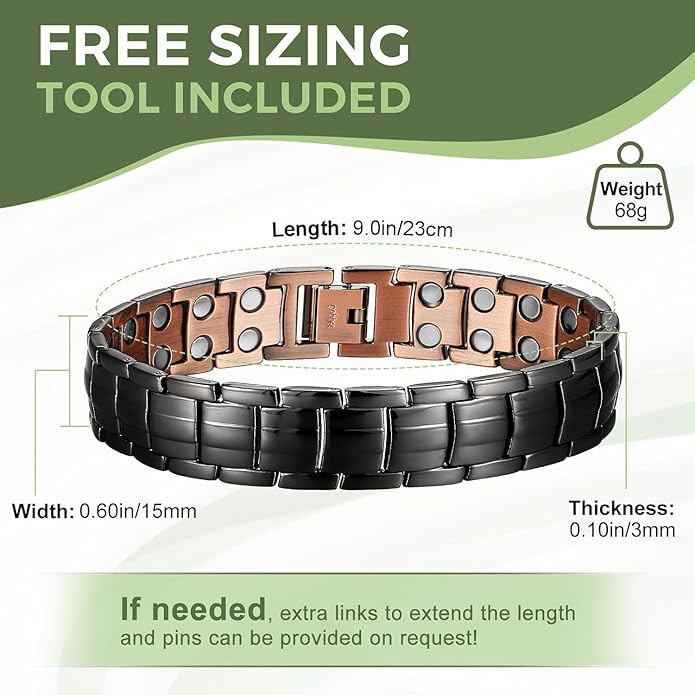 MagEnergy Mens Copper Magnetic Bracelets, 99.9% Pure Copper Bracelet with Double-Row Strength Magnets, Adjustable Jewelry with Sizing Tool