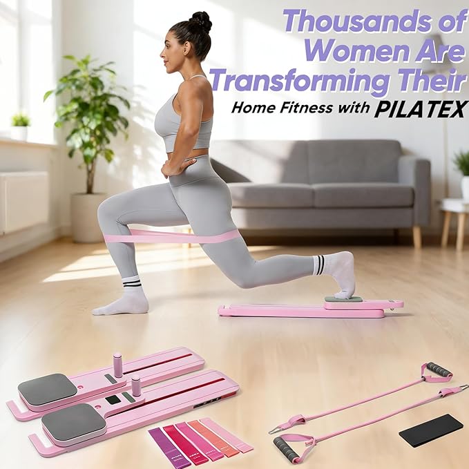 Portable Pilates Reformer Set for Women, Multi-Functional Pilates Exercise Board with Resistance Bands for Home Workouts, Core Strengthening, Toning, Abdominal Sculpting, Full-Body Fitness(Pink)