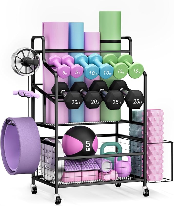 HavenlyYouth Dumbbell Rack, Home Gym Weight Rack Storage, Adjustable Dumbbell Stand Organizer with Wheels, Holds Dumbbells, Kettlebells, Yoga Mats