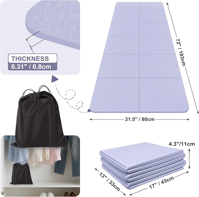 Foldable Yoga Mat for Travel 72"x 32"x 0.32"Inch, 8mm Thick Folding Exercise Mat, Outdoor Non-slip Pilates Mat for Women & Men, Wide Yoga Mat Packable for Workout and Fitness