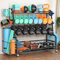4-Tier Dumbbell Rack Weight Stand - Adjustable Weight Rack,Home Gym Storage for Dumbbells Kettlebells Yoga Mat and Balls, All in One Workout Storage with Wheels and Hooks,Powder Coated Finish Steel
