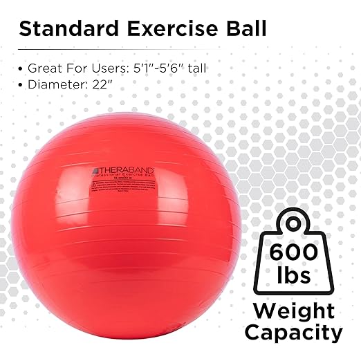 THERABAND Exercise Ball, Stability Ball with 55 cm Diameter for Athletes 5'1" to 5'6" Tall, Standard Fitness Ball for Posture, Balance, Yoga, Pilates, Core, & Rehab, Red
