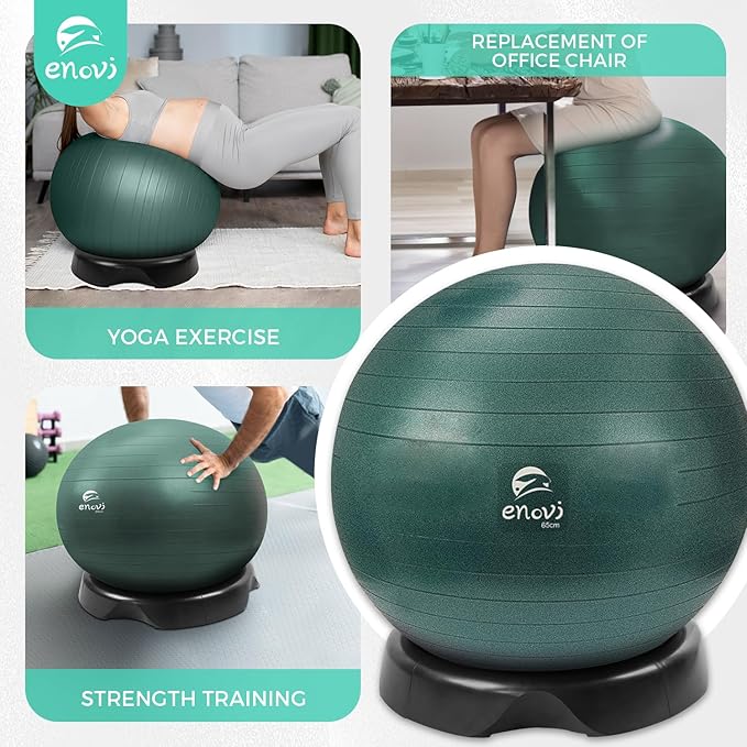 EasyBalance Exercise Ball, Yoga Ball, with Base & Pump Set, 65cm, Pineneedle Green