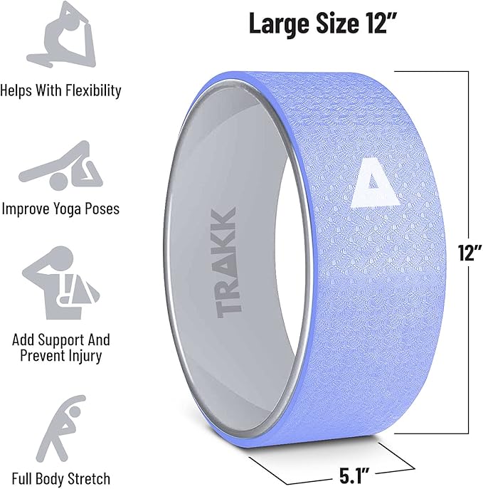 TRAKK Sport 12 Inch Foam Roller Yoga Wheel for Back Pain Relief, Stretching, Tissue Massage, and Spinal Alignment, Supports 350 Pounds, Silver & Blue