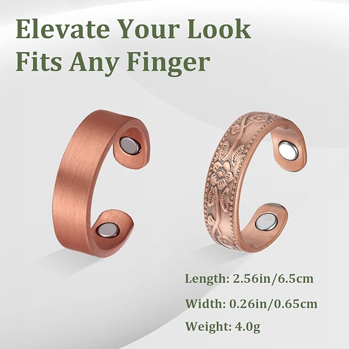 2PCS Magnetic Copper Rings for Women, Elegant Lymphatic Jewelry Gifts, Vintage Flower Adjustable Design(Copper)