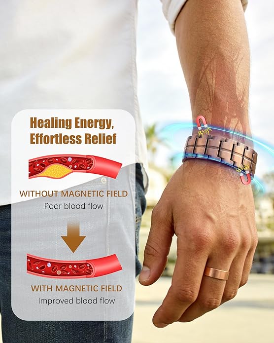 3X Strength Magnetic Copper Bracelet for Men - 99.9% Pure Copper Bracelet & Ring Set - Premium Fold-Over Clasp and Adjustable Length Sizing Tool & Jewelry Box
