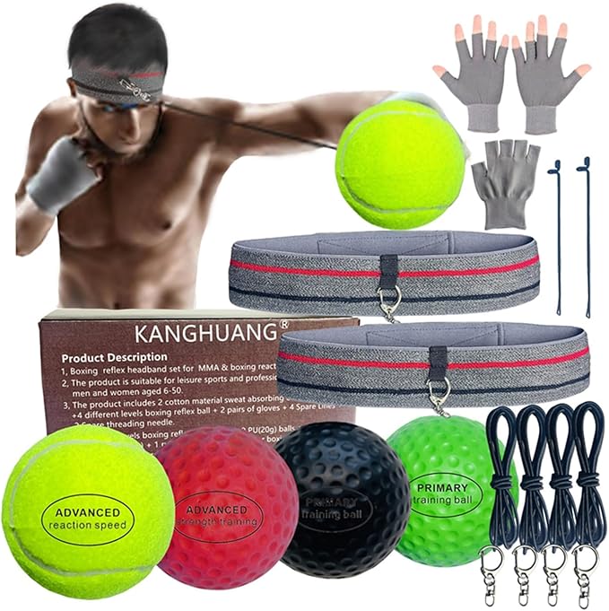 reflex Balls Boxing Headband Set for MMA Boxing Reaction Training 4 Different levels Balls+2 Sweat Absorbing Headbands+4 Spare Lines+2 gloves for all people
