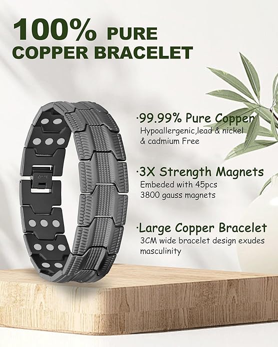 MagEnergy Copper Bracelet for Men, 3X Strength Magnetic Bracelet with 99.99% Pure Copper Ring & 3500 Gauss Magnets, Adjustable Length with Sizing Tool