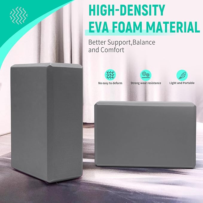 Yoga Blocks 2 Pack 9x6x3 Inches, Sturdy Foam Yoga Block, Premium EVA, Non Slip High Density for Pilates Meditation, Stretching and Toning