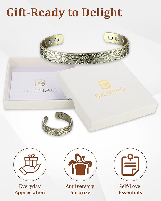 BioMag Copper Bracelet & Ring for Women, 99.99% Pure Copper Magnetic Bracelet Lymphatic Drainage Rings with 3500 Gauss Magnets, Adjustable & Flower Pattern (Antique Bronze Tone)