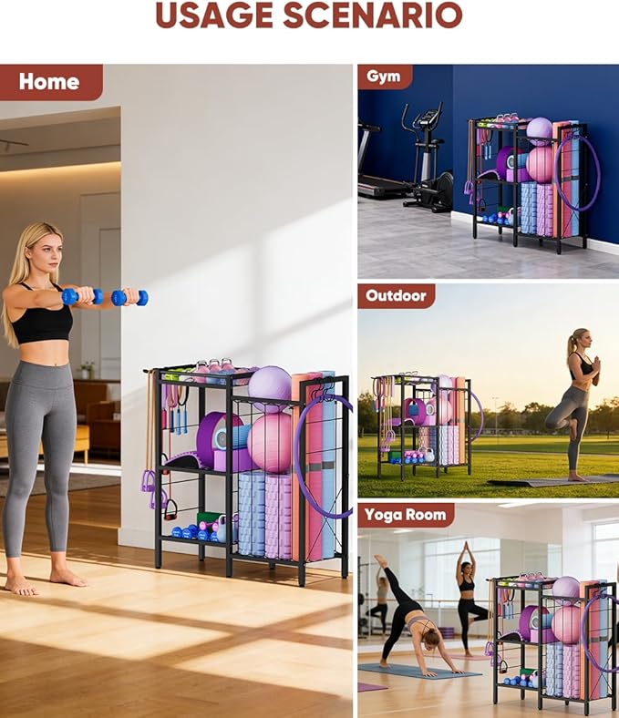 3 Tiers Dumbbells Yoga Mat Storage Rack with Elastic Straps for Kettlebells Foam Roller Resistance Bands Balls, Workout Equipment Organizer Weight Storage Holder with Hooks for Home Gym