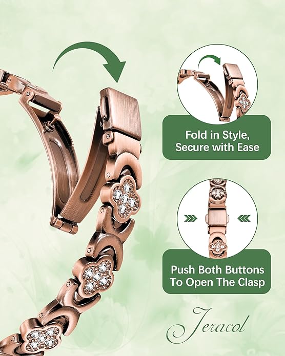 99% Pure Copper Bracelet, Copper Magnetic Bracelet & Ring for Women with Ultra Strength Neodymium Magnets, Clover Jewelry with Sparkling Cubic Zirconia