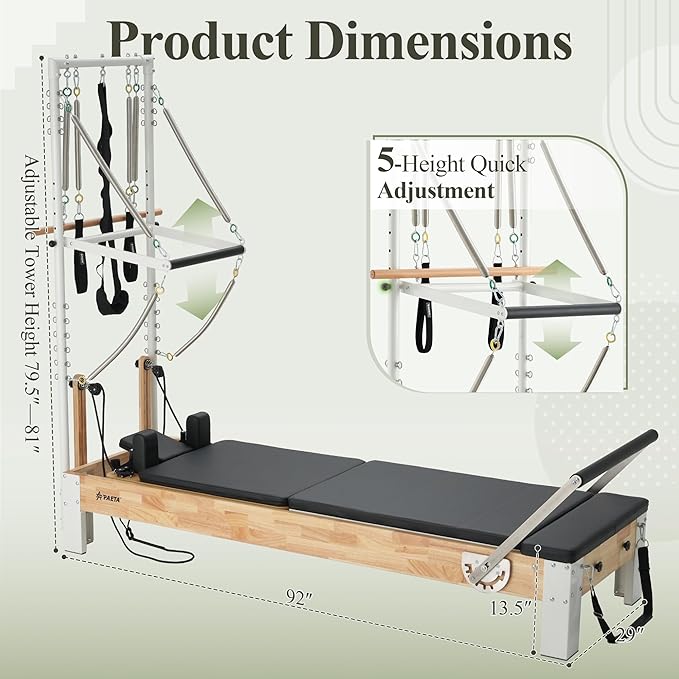 PAETA Pilates Reformer, Wooden Reformer Pilates Machine with Tower & Mat, Pilates Equipment for Home Workout and Studio, Includes Sitting Box, Jumpboard