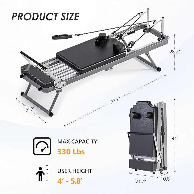 Foldable Pilates Reformer Machine for Home Use - 330lbs Capacity with 5 Alloy Springs, 11 Resistance Levels & UP Leather Surface, Space-Saving Fitness Equipment