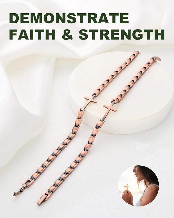 MagEnergy Copper Magnetic Bracelet for Women, Cross Copper Bracelet with 3500 Gauss Magnets, Adjustable, Christian Jewelry Gift