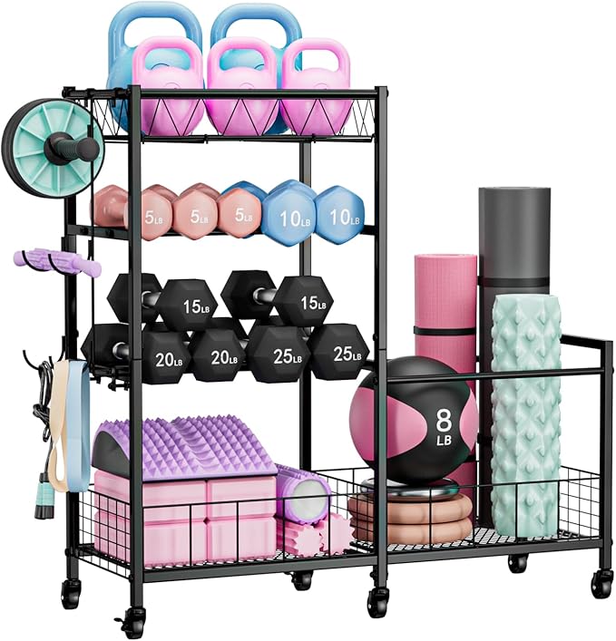 HavenlyYouth Dumbbell Rack, Home Gym Weight Rack Storage, Adjustable Dumbbell Stand Organizer with Wheels, Holds Dumbbells, Kettlebells, Yoga Mats