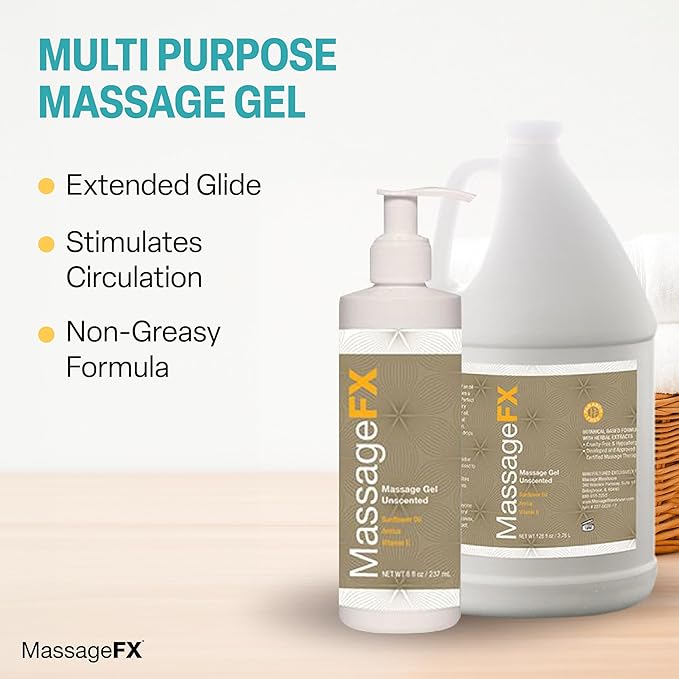 Massage Gel by Massage FX - 100% Pure Jojoba & Sunflower Seed Oil - Herbal Extracts Ivy, Arnica & Aloe - Unscented - Max Workability & Glide - Perfect for Full Body Massages - Paraben Free -1/2 Gallon