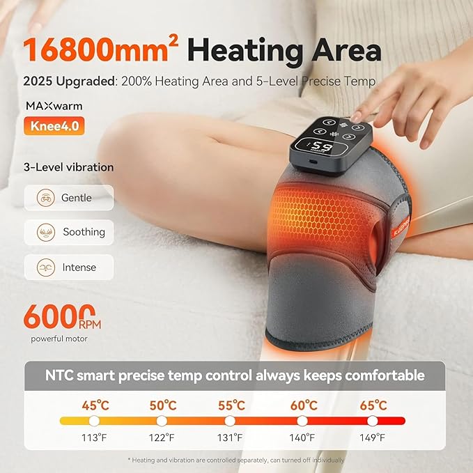 Cordless Knee Massager with Heat Vibration for Pain Relief, MAXwarm 4.0[2026 Upgraded] - Electric Heated Knee Brace with 5 Heat Levels and 3 Massage Mode, Gifts for Men Women (Grey, Pair)
