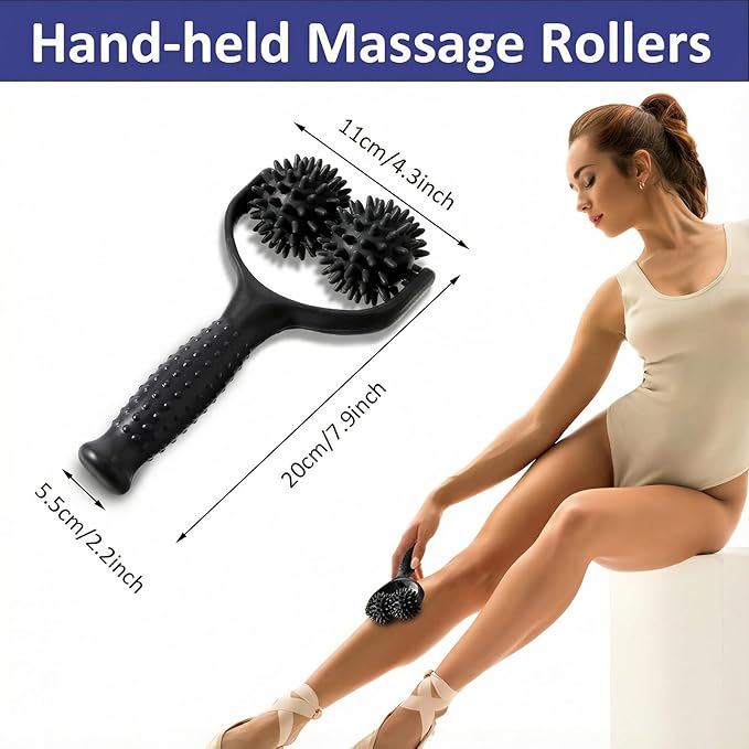 Handheld Spiky Massage Balls Rollers, 2 Wheel Spiky Silicone Manual Massage Roller with Ergonomic Handle, Portable Pressure Point Muscle Massages Tool for Foot Arm Body Neck Leg Pain Pressure Relief