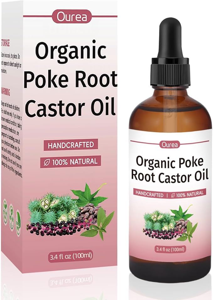 Poke Root Castor Oil Organic – 3.4 fl oz (100ml) Natural Lymphatic Support Massage Oil, Soothing Relief for Cysts, Boils, Breast, Fibroids, Swollen Lymph Nodes & Joint – Deep Tissue Drops