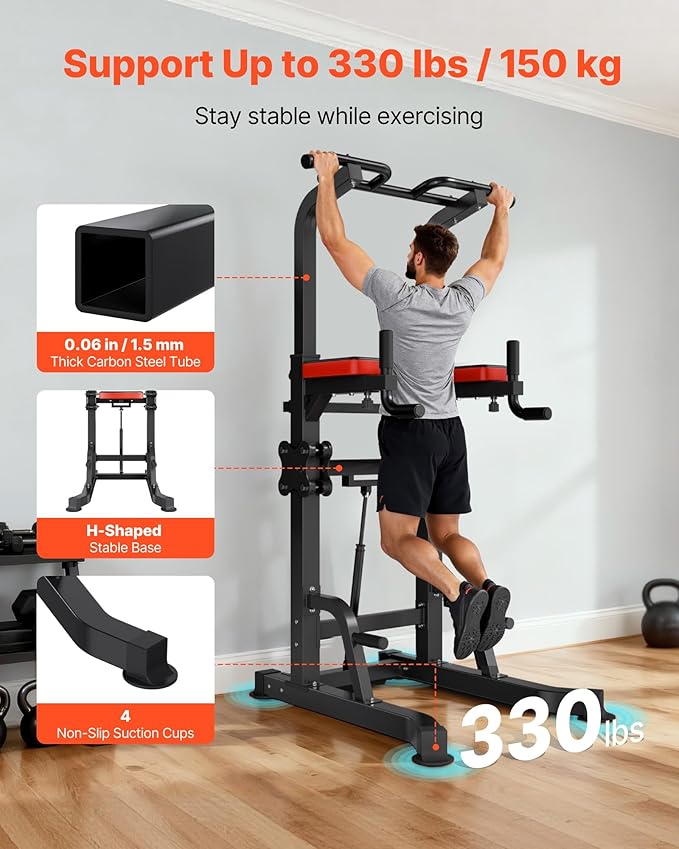 VEVOR Pull Up Bar, 330 LBS Power Tower Dip Station, Workout Dip Station with H-Shaped Stable Base & Assistance Platform, Adjustable 9 Level Height Pullup Stand for Back, 3-Level Adjustable Elbow Pads