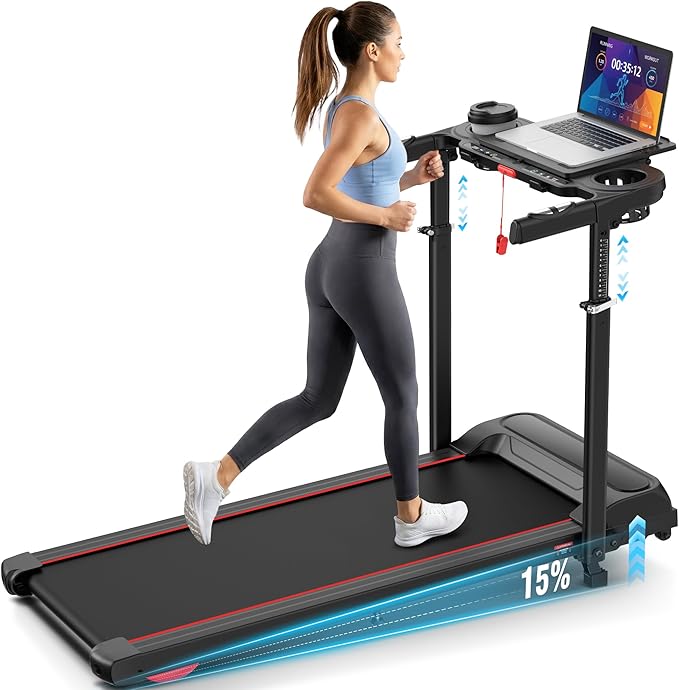 Treadmill with Desk Workstation & Adjustable Height, 450 lbs Weight Capacity, Folding Incline Treadmill with Handle Bar, Portable Ultra-Quiet 3.5HP Walking Pad Treadmill with Desktop for Home Office