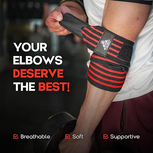 Elbow Wraps for Weightlifting (Pair), Stretchable & Breathable 41" Elbow Compression Strap, Weightlifting Straps for Bench Press, Supports Powerlifting, Pressing, Elbow Straps for Gym Accessories for Men (Red)
