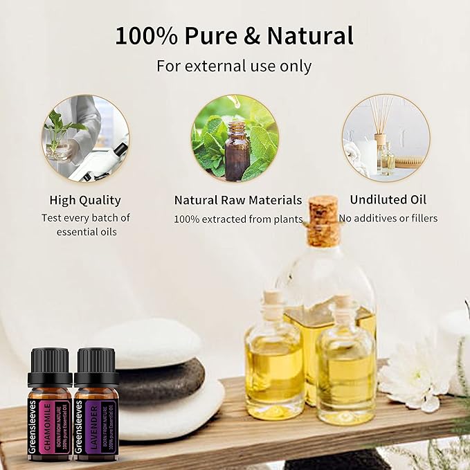 GREENSLEEVES Chamomile Lavender Essential Oil Set, 2 x 10ml Pure Plant-Based Fragrance Oil for Aromatherapy, Essential Oils for Diffuser, Massage, Bath Bomb, Scented Candle Soap Making