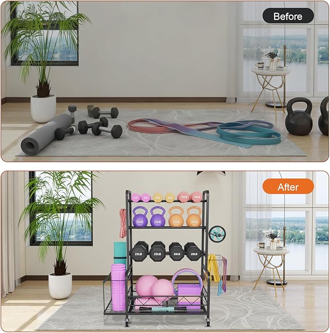 Dumbbell Rack, Adjustable Weight Rack for Home Gym Storage with 4 Wheels, Side Basket, Hooks, Multipurpose Metal Dumbbell Stand for Kettlebells, Yoga Gear, Strength Training Equipment, Black