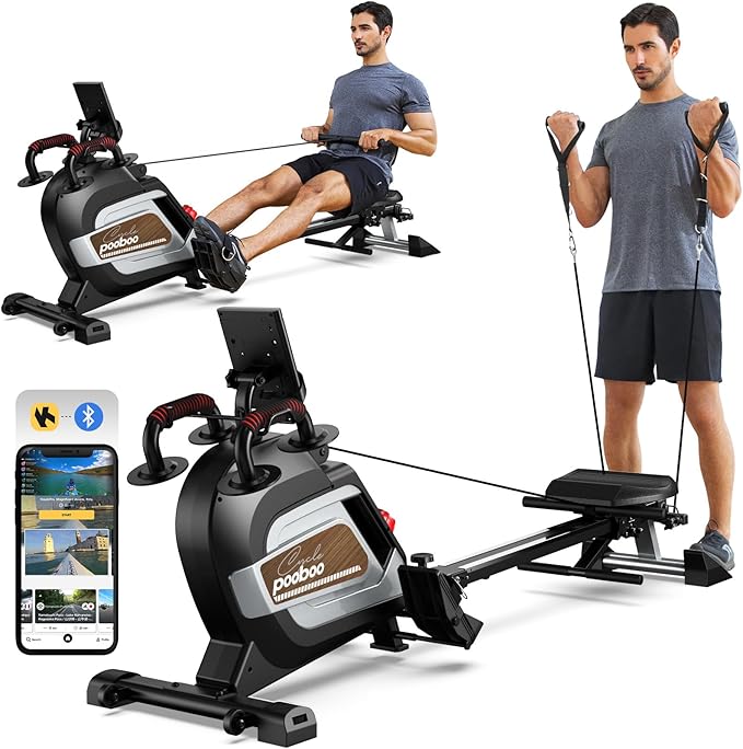 pooboo Magnetic Rowing Machine, Folding Rower with Combination Strength Exercise, Tablet Holder and Comfortable Seat Cushion, Rower for Home Use