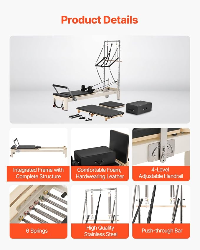 VEVOR Pilates Reformer Machine, Pilates Workout Equipment for Home Gym Studio Use, Pilates Reformer with Sitting Box and Jumpboard，fit for Beginners & Advanced Users