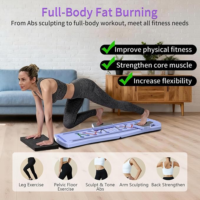 Pilates Board for Home Workout - Upgraded 7 in 1 Portable Pilates Reformer Set, Multifunctional Ab Trainer with Resistance Bands & LED Timer, Pilates Board for Women Full Body Workout