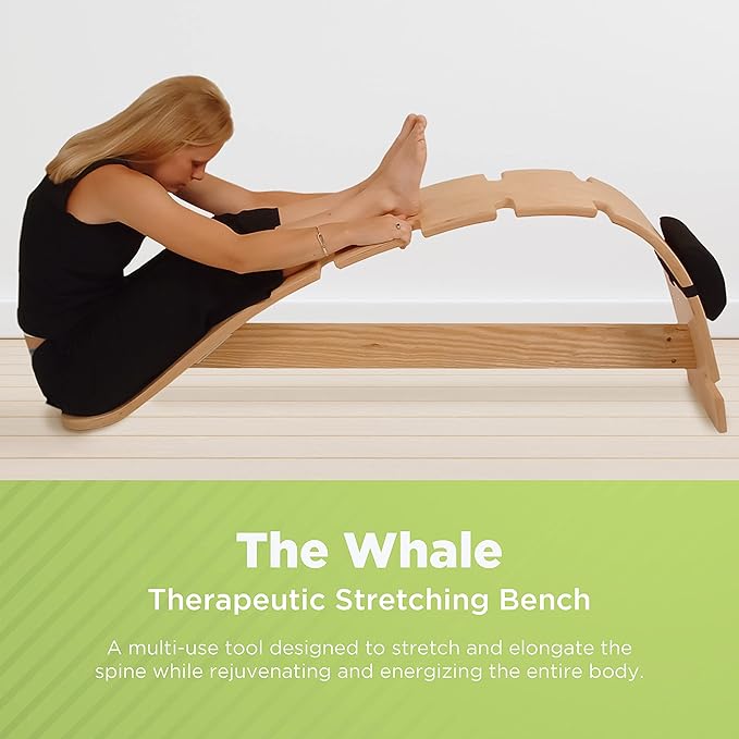 Whale Therapeutic Stretching Bench – Natural Wooden Spine Stretcher for Back Pain Relief, Flexibility Training and Full-Body Mobility – Yoga, Pilates and Home Wellness Tool - Made in USA