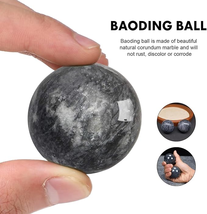 Traditional Chinese Baoding Balls, Marble Health Exercise Stress Relief Balls with an Upgraded Shockproof Imitation Wood Box, Dark Grey, 2-Piece Set, Medium-1.57"