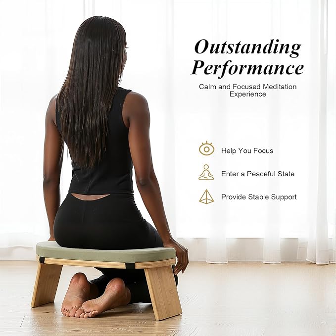 Meditation Bench Foldable & Ergonomic, Kneeling Meditation Stool with 5° Forward Tilt & 400lbs Capacity, Bamboo Meditation Stool with Detachable Velvet Cushion forYoga Prayer (Green)