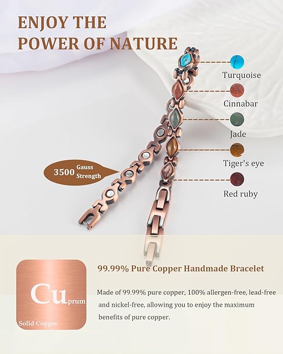 Copper Bracelets for Women, Pure Copper with Colored Turquoise Bracelet, 3500 Gauss Magnets, Fashion Jewelry（FUTI-1）