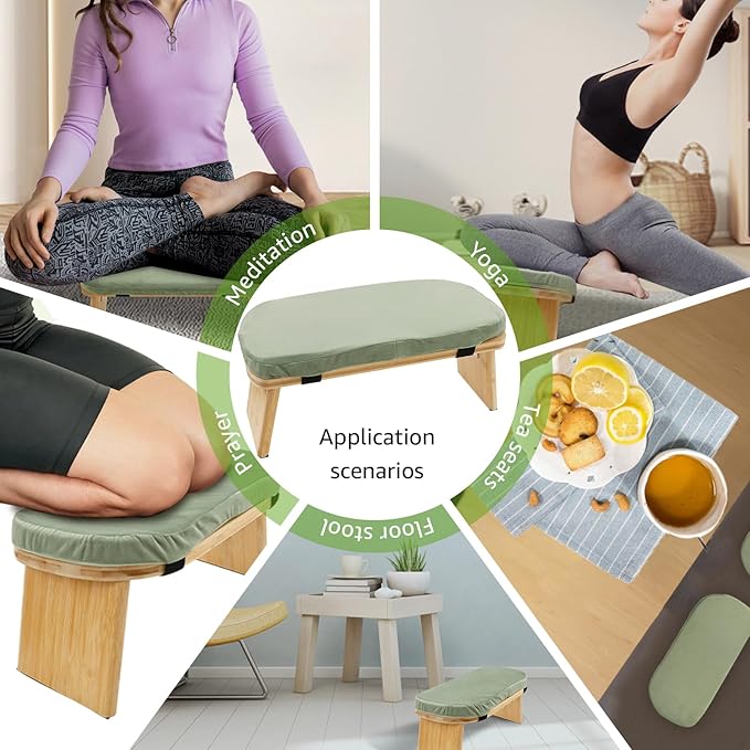 Meditation Bench, Ergonomic Design, Sustainable Bamboo with Folding Kneeling Meditation for The Perfect Posture Meditation Cushion, Meditation Stool, Prayer Bench, Meditation Chair, Yoga Stool (green)