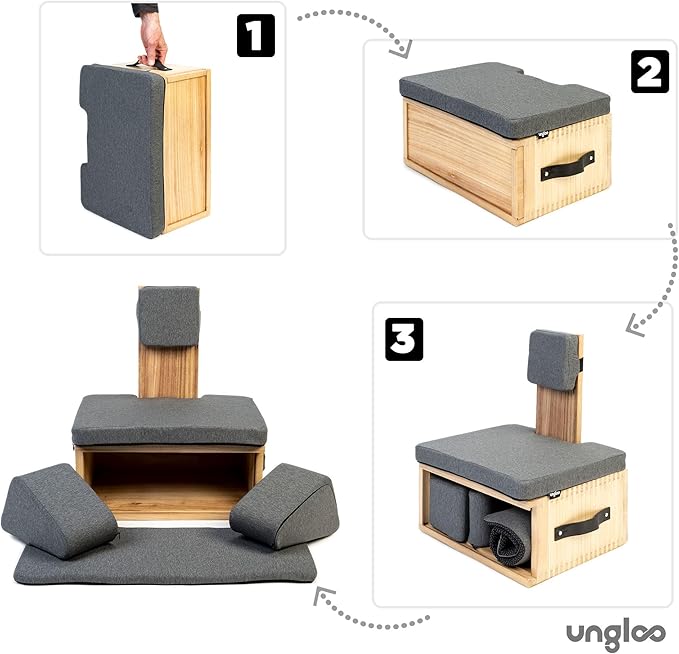 Ungloo Meditation Box Chair with Back Support | Posture Seat with Padded Leg Wedges, Foot Pad and Supportive Backrest | Portable Lightweight Meditation Floor Chair