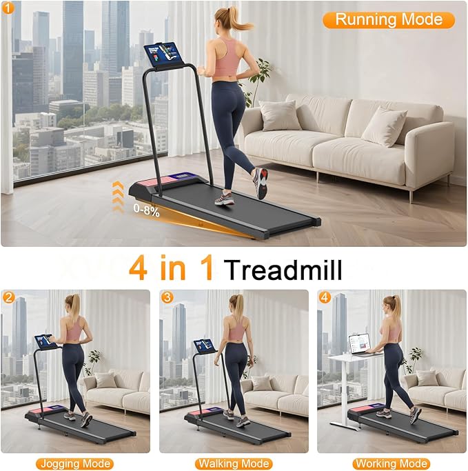 Treadmills for Home Small with 0%-8% Incline and APP Sync, Compact Under Desk Walking Treadmill Pad with Handle Bar Removable, Remote Control and LED Display, 2.5HP