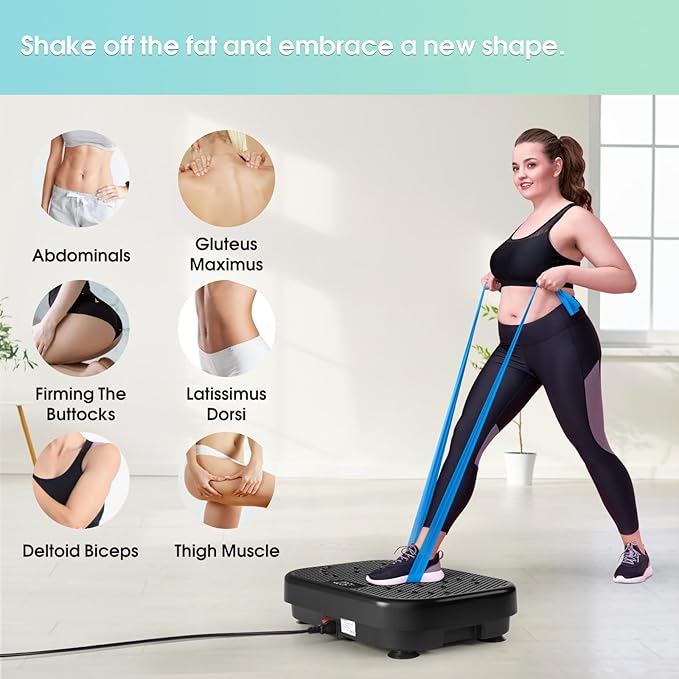 SoftGym Vibration Plate Exercise Machine for Lymphatic Drainage,Power Vibrate Stand Shake Board 450 Lbs Capacity Whole Body Workout Waver with Resistance Bands Weight Loss Gifts for Women Men-Black