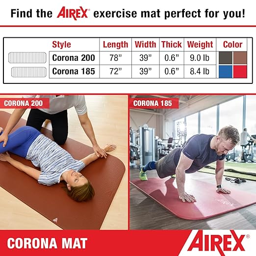 AIREX Corona 200 Premium Exercise Mat for Yoga, Physical Therapy, Rehabilitation, Balance & Stability Exercises, Pilates, Aerobics 78" x 39", Blue