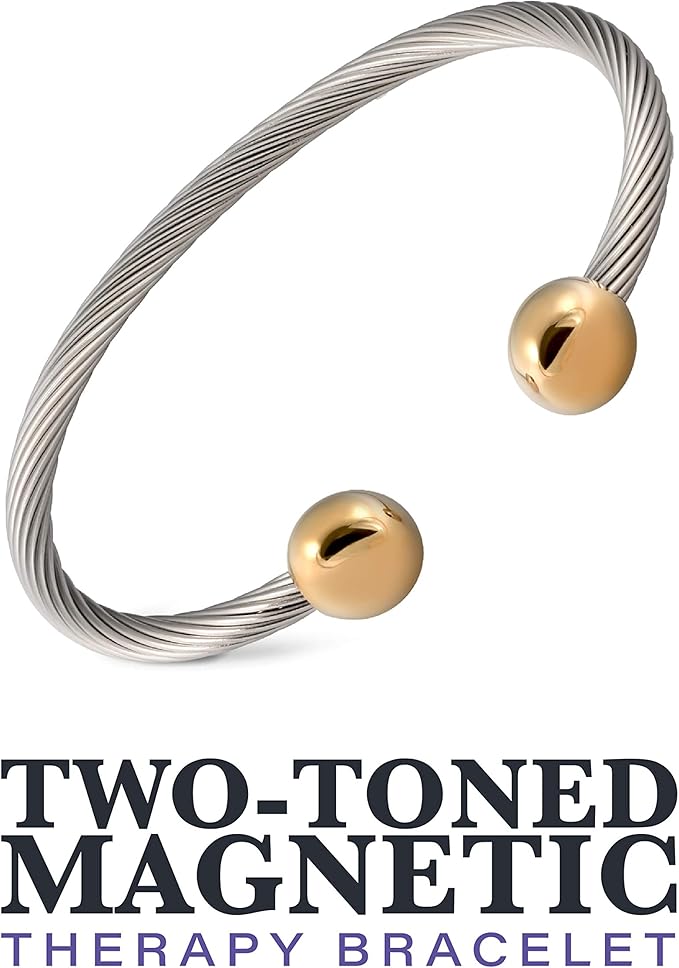 2 Tone All Stainless Steel Magnetic Bracelet High Power Magnets, For Men and Women, Adjustable Bangle