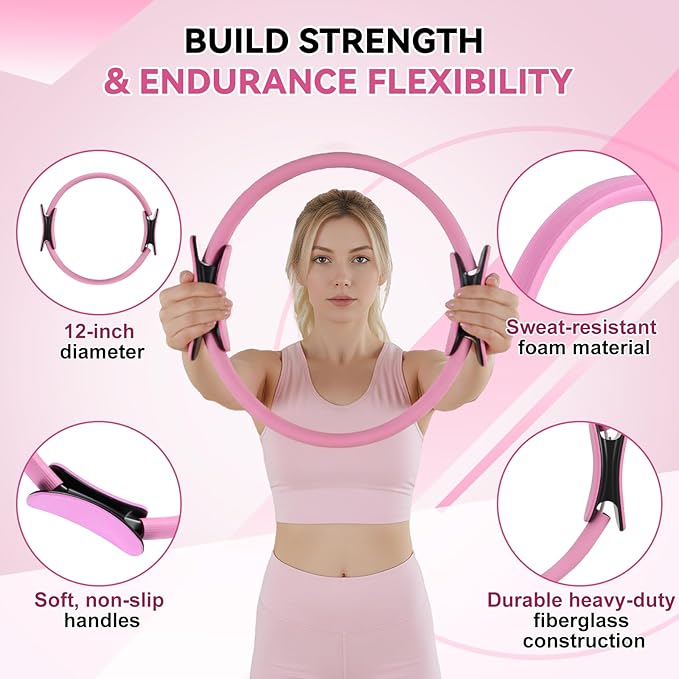 LiKiLiKi Pilates Ring and Ball Set, Home Pilates Equipment for Women with Resistance Bands, 12'' Magic Circle, 9.8'' Ball, for Strength, Toning and Flexibility, Fitness Essentials Starter Accessories