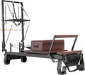 Foldable Oak Wood Pilates Reformer Machine with Reformer Box & Jump Board for Home, Studio, Gym & Yoga - 12-Level Resistance, Adjustable Shoulder Pad, Lightweight Aluminum Frame & PU Leather Carriage